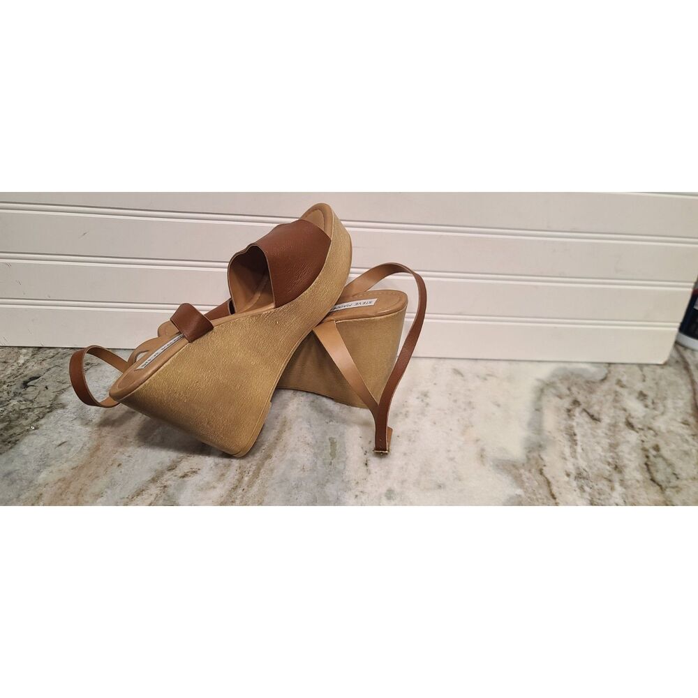 Steve Madden Women's Cognac Leather Welsh Ankle-Strap Wedge Sandals Size 10 NWT